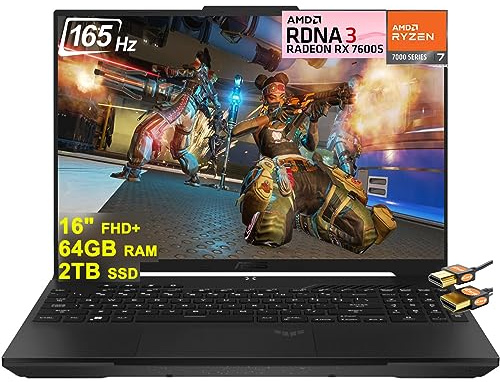 Asus TUF Gaming A16 Laptop 16 FHD+ 165Hz 7ms 100% sRGB AMD Octa-core Ryzen 7 7735HS 64GB RAM 2TB SSD Radeon RX 7600S 8GB Graphic (>RTX 4060) Backlit USB-C USB4 Fast Charging Win11 + HDMI Cable