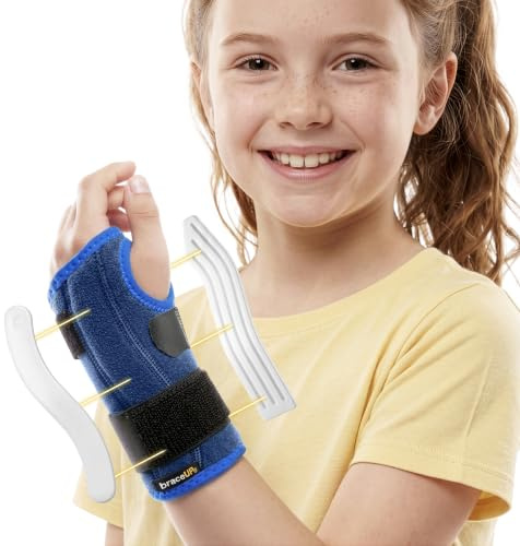 BraceUP Fascia da Polso Stabilizzata per Bambini – Supporto per Ragazzi e Ragazze (100–150 cm), per Uso Quotidiano (Blu, Taglia unica, Sinistra)