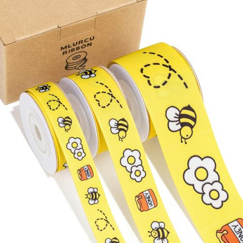Lot de 3 rouleaux de ruban gros grain jaune 1,5 cm, 2,2 cm, 3,8 cm, bourdon, pot de miel, ruban imprimé floral pour travaux manuels, emballage cadeau, nœuds pour cheveux, fête prénatale, décoration de