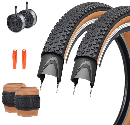 ZUKKA Juego de 2 neumáticos de bicicleta de montaña de 29 x 2,125 + 2 cámaras de aire AV48 mm plegables de repuesto para bicicleta de montaña, niños, color marrón