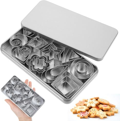 Mini Cookie Cutters Set, 30 Pcs Stainless Steel Small Geometric Shapes Cutters Stainless Steel Cookie Cutter for Biscuit, Polymer Clay, Fruit, with Storage Tin Box