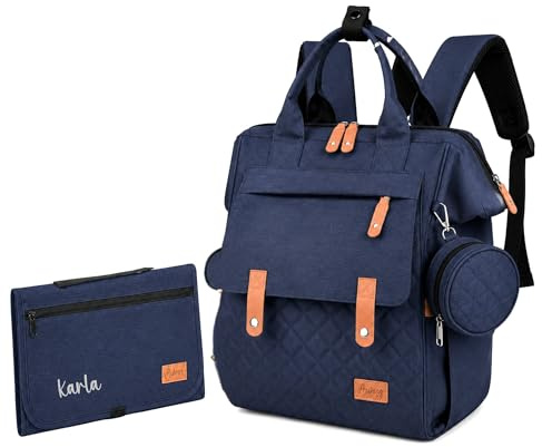 AWASG Mochila para cambiar pañales, bolsa para cambiar pañales, gran espacio de almacenamiento, mochila para bebés para viajes, azul marino, Rucksack + Wickelunterlage mit Personalisierung