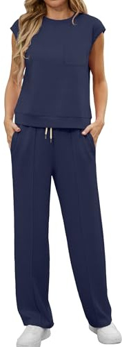 GRECERELLE Tenue deux pièces pour femme - Survêtement d'été à manches courtes pour femme - Ensemble complet de vêtements de détente pour femme - Col rond - Haut à manches courtes et pantalon de