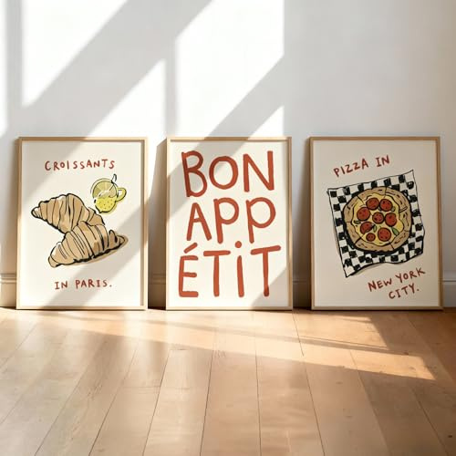 Xiyocadt 3er Küche Poster Set,Abstraktes Küche Pizza Brot Bilder,Vintage Küchenbilder, Aesthetic Deko,für Esszimmer Coffee Bar Wohnzimmer Deko,Wohnung,Ohne Rahmen (30x40cm)