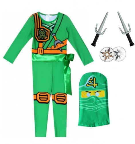 Delanhon Costume de guerrier Ninja pour enfants avec accessoires de masque Bleu/vert/rouge/doré
