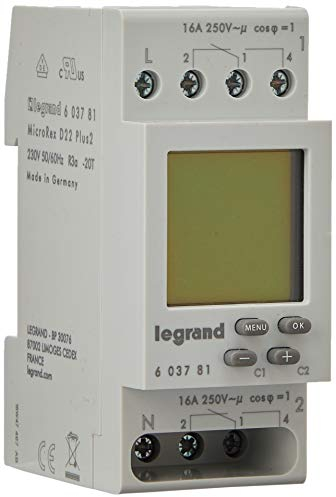 LEGRAND, MicroRex D22 Plus 2, digitale Wochenzeitschaltuhr, 2 Kanal, 2-modulig für Hutschiene, 230V & 4000W, 28 Programme, Genauigkeit +/- 1 Sek/Tag, Kürzeste Schaltzeit: 1 Min., 9x3x2, 603781