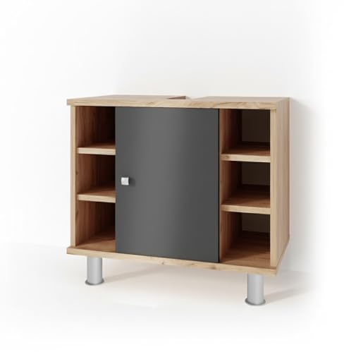 Vicco Waschbeckenunterschrank Fynn, Anthrazit/Goldkraft Eiche, 60 x 54 cm, mit Aussparung für Siphon und offenen Ablageflächen