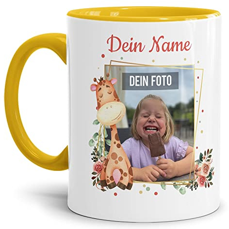 Kinder-Tasse mit Tiermotiv Giraffe - mit Foto & Name selbst gestalten - Für Mädchen & Jungen - Keramik Innen & Henkel Gelb, 300 ml I Personalisiertes Geschenk für Kinder