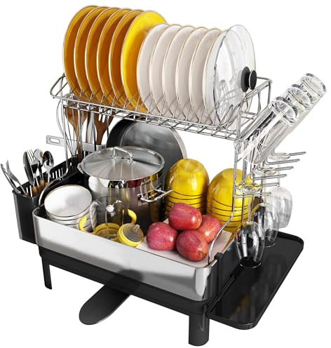 Boosiny Dish Drainer Rack, 304 Stainless Steel Large Dish Drainer Rack with Swivel Spout, Draining Board Rack for Kitchen Sink with Utensil Holder, Cup Rack, Wine Glass Holder, Silver