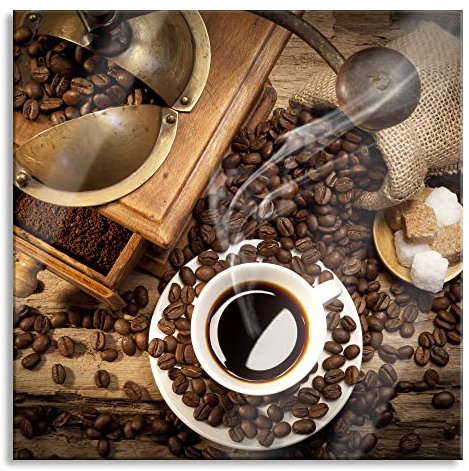 Pixxprint Glasbild, Wandbild auf Echtglas, Kaffee mit Kaffeemühle, 50x50 cm, inkl. Aufhängung und Abstandshalter