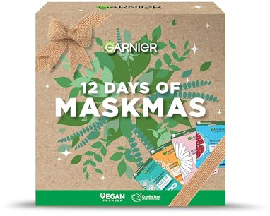 Garnier Face & Eye Mask Gift Set, 12 Vegan Sheet Masks with Vitamin C, Hyaluronic Acid, Lavender, Pomegranate, & Green Tea, Approved by Cruelty Free International, Vegan