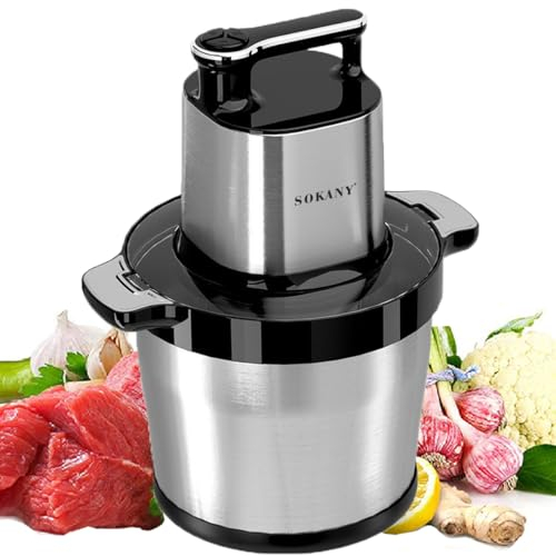 SOKANY 1500W Hachoir Électrique hachoir a viande electrique Avec Bol Acier Inox 8L, robot mixeur petit Avec 3 niveaux de vitesse et 6 Lames en inox