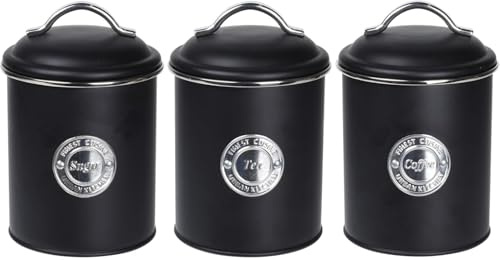 Muddy Hands 3 Piece Black Metal Kitchen Canister Set with Lid - Storage Containers for Coffee Sugar Tea