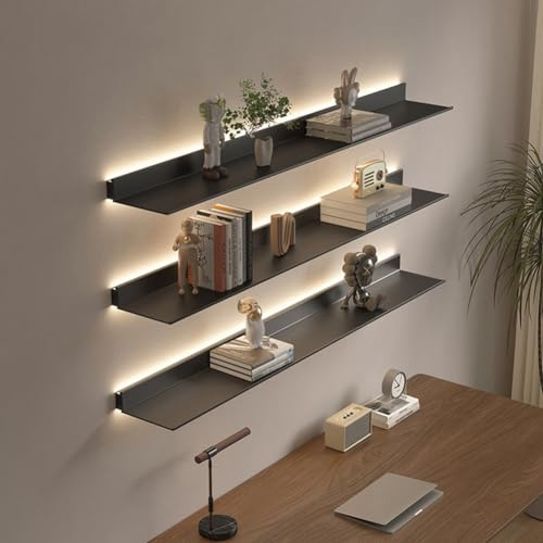 Schwebende Regale zur Wandmontage, lichtemittierende Wandregale aus Metall mit integriertem beleuchtetem LED-Licht für Bar-Arbeitsplatte im Badezimmer, 1 Stück,Schwarz,120x23cm