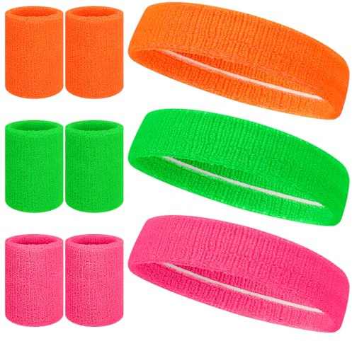 Meng Jiaran 9Pcs Sports Headband and Wristbands Set 80s Neon Sweat Bands Absorbent Sweatbands Cotton Head Band Wrist Bands Set for Running Exercise Gym Sports Tennis Basketball
