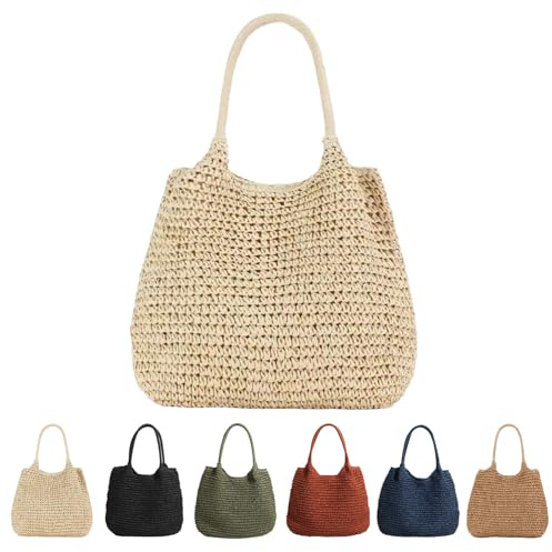 CXINLky Damen Sommer-Strohtasche, Sommer Stroh Shopper Strohtasche Große Kapazität Strandtasche Boho Geflochtene Tasche Korbtasche Tote Bag Straw Beach Bag