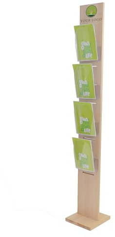 Kunst&Dünger Prospektständer aus Holz individuell bedruckbar Bodenprospektständer Präsentationsdisplay Prospektaufsteller Zeitschriftenständer mit 4 Ablagen DIN A4 personalisierbar