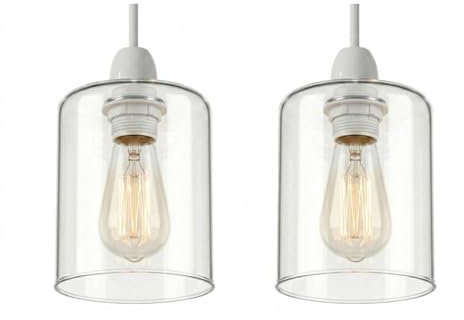 2Pack Glass Lamp Shade 15cm Height x 14cm Diameter, Clear Fluted Light Shade Replacement, E27 Easy Fit Ceiling Pendant & Table Lamp Shade, Vintage Modern Lighting for Living Room Bedroom