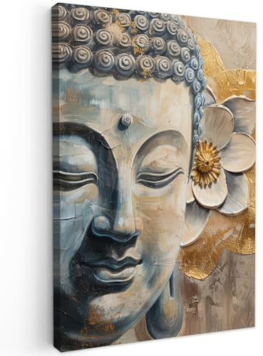 MuchoWow© Leinwand Groß XXL Deko Schlafzimmer Aesthetic Leinwandbilder | 80x120 cm - Wohnzimmer Gemälde Foto Geschenk Living Room Decoration Buddha - Zen - Blume - Gold - Beige - Kunst