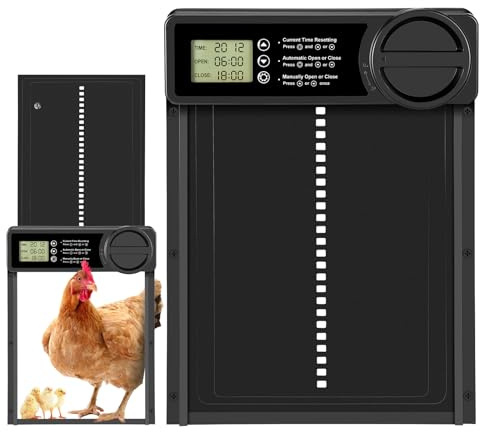 Puerta automática para Gallinero, Puerta Gallinero Automatica con Pantalla LCD, Puertas Automaticas Gallinero Aluminio con Función Manual y Temporizador, Anti-atrapamiento, Funciona con Baterías