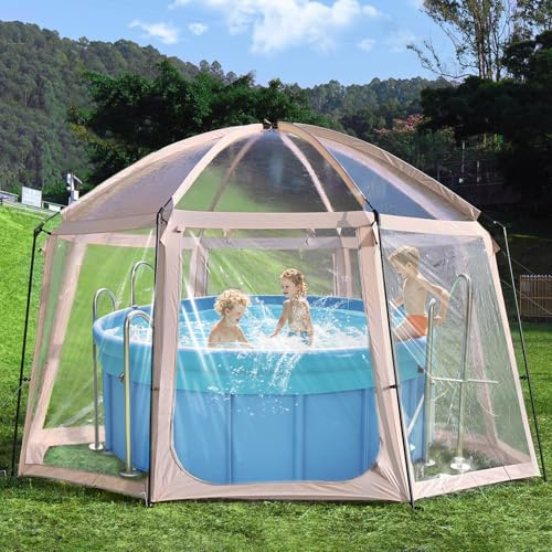 Dôme de Piscine, Toit de Piscine, Tente de Piscine pour piscines jusqu'à Ø 300 cm, Abri Spa 2 en 1 et Tente à Bulles, Couverture de Piscine Ronde, Tonnelle pour piscines, 400 x 400 x 250 cm.