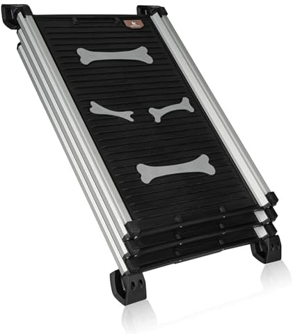 Hundramp bil hopfällbar teleskop aluminiumramp för stora hundar – stabil hundtrappa bil och SUV – halkfri – reflekterande sidor – hundstege bil – 90 kg lastkapacitet – fästklämma – blå