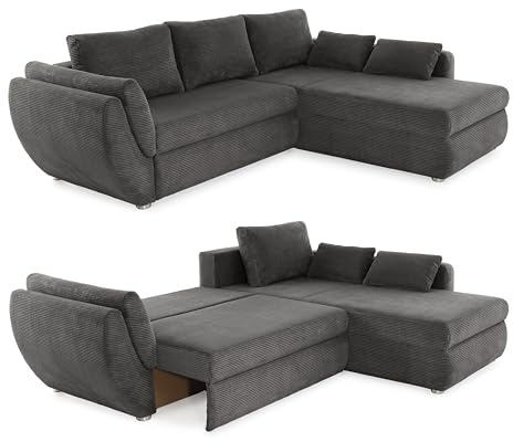 luma-Home 15226/ Ecksofa mit Schlaffunktion und Bettkasten, Dunkelgrau | B272/T200/H88 cm, Rutschenlehne, Gästebett-Liegefläche 128x224 cm, Ottomane seitenverkehrt montierbar, Cord-Bezug