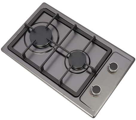 Cocina de gas, 2 fuegos, 3000 W, placa de gas de acero inoxidable con válvula reductora de presión, longitud de la manguera de aire 1,5 m