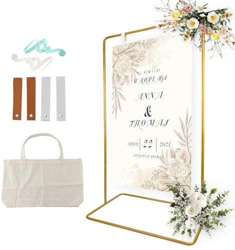 TPFWTD Wedding Sign Holder, Adjustable Welcome Sign Stand w/ Leather Hanging Strap, Satin Ribbon & Carry-on Bag, Heavy Duty Easel Stand for Wedding Seating Chart, Display & Poster (Gold)