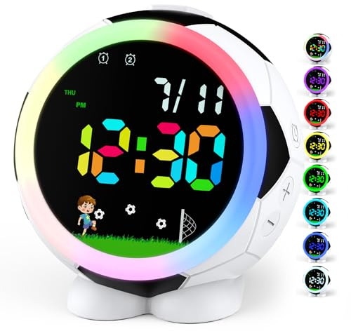 GUUMUXIN Sveglia Digitale Bambini a Calcio con Luce Notturna, 2 Allarmi, Snooze, 6 Suonerie, 9 Livelli di Volume, 3 Livelli di Luminosità, Data, Ricarica USB, Sveglia da Comodino Per Camera