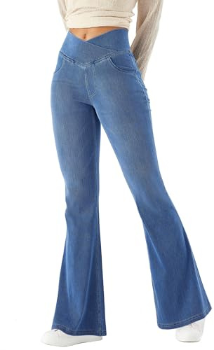 LaiEr Mujer Bootcut Jeans V Crossover Cintura Alta Tirar de Control del Vientre Casual Fitness Pantalones Skinny de Yoga,Tejido Suave de Alta Elástico de Denim,Leggings campanados.(Azul Medio,XS)