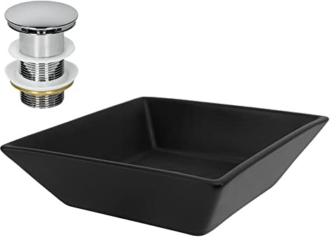 LuxeBath Waschbecken Keramik 410x410x120 mm quadratisch Schwarz mit Ablaufgarnitur Silber, Aufsatzwaschbecken für Badezimmer/Gäste-WC, Aufsatzbecken Waschtisch Waschschale Waschplatz Handwaschbecken