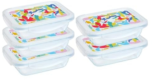 PYREX Cook & Go - Lot de 5 LunchBox Rectangulaires - 0,8L - Verre Borosilicate - Compatible four, micro-ondes et lave-vaisselle - Made in France (Couvercle Multicolore)