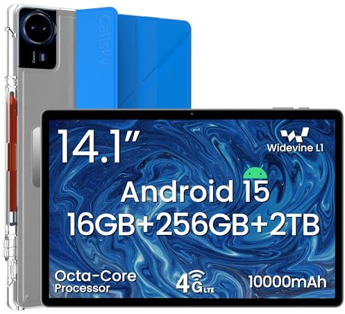 Tablet Android 15 da 14, 16 GB di RAM+256 GB di ROM, display IPS FHD 1920 x 1200, Widevine L1, batteria da 10000 mAh, 4G LTE, Wi-Fi e Bluetooth 5.0, custodia multi-angolo con supporto e penna stilo