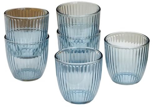 Darthome Vintage Ribbed Tumbler Glasses, Blue Tinted with Clear Stem, 295ml Capacity, Set of 6, Dishwasher Safe