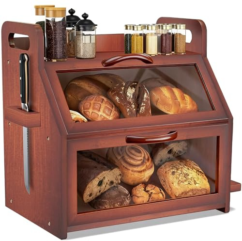 BAMBANG Brotkasten Bambus 2 Etagen Groß,Brotaufbewahrung Frischhalten Brotbehälter Brotschrank Bread Box Holz,Brotaufbewahrungsbox Brotkorb Brotkästen Brotbox Modern Küchen Brot Aufbewahrung Braun