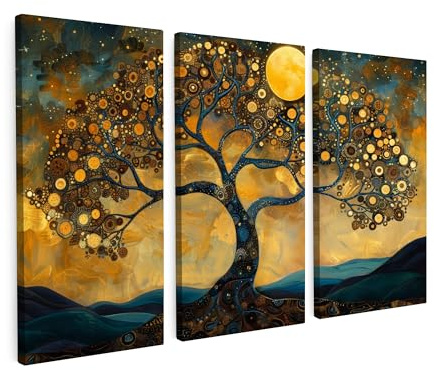 MuchoWow© Leinwand Set 3-Teilig Wohnzimmer Deko Modern Wandbild Kunstdruck | 60x40 cm - auf Bild Schlafzimmer über Bett Room Decor Baum - Gelb - Abstrakt