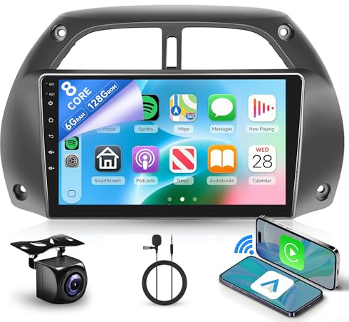 Rimoody 8 Kerne 6+128G Android Autoradio für Toyota RAV4 2001-2006 9 Zoll Touchscreen Radio Kabellos Carplay mit Android Auto Mirror Link Bluetooth FM/RDS/EQ/DSP WiFi GPS Navi Rückfahrkamera