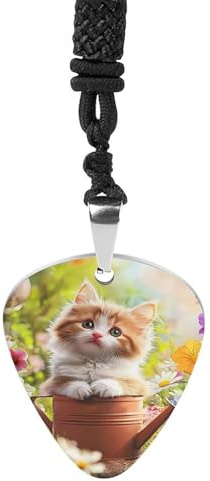 Cute Cat Sitting in Flower Pots Novelty Guitar Pick Pendant Necklace for Men Women Steel R&B Music Lovers Jewelry Gifts