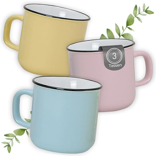 matches21 HOME & HOBBY Kaffeetassen Emaille-Optik Pastell, Teetassen 3er Set, 350 ml - Retro Keramikbecher Scandi Look