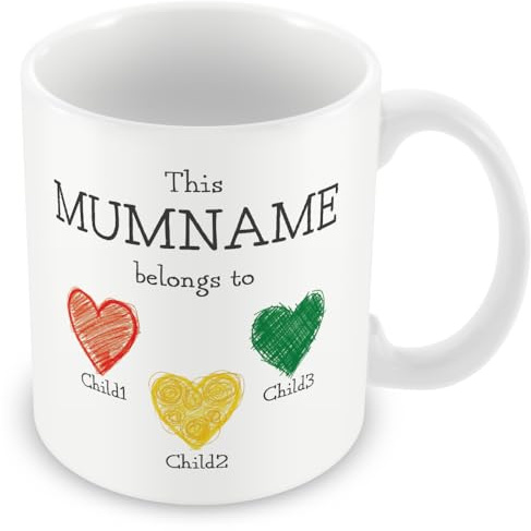 Personalised “This Mum Belongs to” Mug – Custom Children Names Heart Mug for Mum – Cute Kids Drawing Style Mother’s Day Gift – Up to 5 Children – Add Matching Card or Coaster
