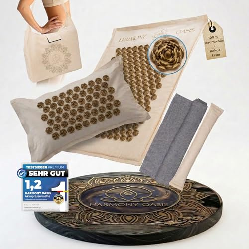 Akupressurmatte XXL 5-teiliges Set mit Kissen, Lendenkissen & Tragetasche | Premium 4-in-1 Set: Bio-Baumwolle, Kokosfaser & Buchweizen. Entspannend & effektiv. Ideal für Rücken, Nacken & Beine.