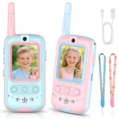 Walkie Talkie Niños, Video Walkie Talkie Bidireccional con Cámara HD y Cambiador de Voz, Juego Interactivo para Aventuras, Walkies para Niños (Rosa + Azul)