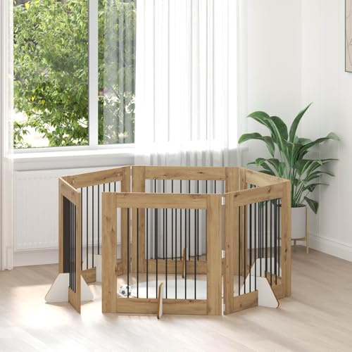 QUAHEAS Hundetor mit Ständern 6 pcs Artisan-Eiche 80 x 80 cm faltbar Metall und Holz, modularer Hundezwinger für Indoor und Outdoor, tragbarer Hundestall, Schutz und Absperrung im Wohnbereich
