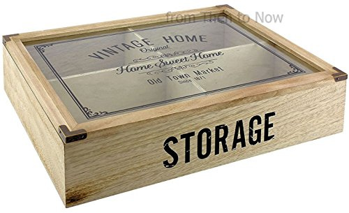 Vintage Home 4 compartiments en bois Couverts Boîte de Rangement avec Couvercle en Verre