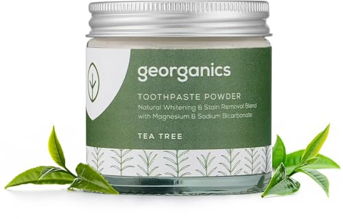 Georganics Mineral Toothpaste Powder - Tea Tree - Stain Removing & Teeth Whitening Powder - 100% Natural - SLS, Glycerine & Fluoride Free - Certified Cosmos Natural, Vegan and Cruelty-Free - 60ml
