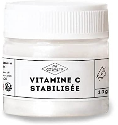 MY COSMETIK - Vitamine C stabilisée - 10g - Actif cosmétique anti-âge et antioxydant - 100% Pure et Naturelle - Fabriqué en France - 10 g - en pot cristal