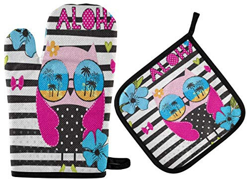 N/E RXYY Niedlich Owl Sunglases Hawaii Blumes Schwarz Weiß Ofenhandschuhe Gesteppt Baumwolle Beschichtung Topflappen BBQ Handschuhe-Ofenhandschuhe Hitzebeständig Küche Sicher Matten für Backen Kochen