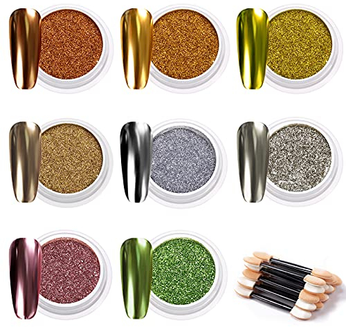 MELLIEX 8 Döschen Chrome Pulver Nägel, Pigmente Nagel Metallic Mirror Glitzer Nagelpuder Magischer Spiegel-Effekt für Nageldesign