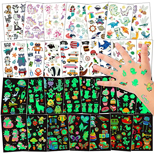 ECHOCUBE Luminous Tattoos for Kids,30 Sheets Glow In The Dark Mixed Style Temporary Tattoo Stickers, Waterproof Fake Tattoos Set for Kids Boys Girls Christmas Birthday Gift Party Bag Fillers
